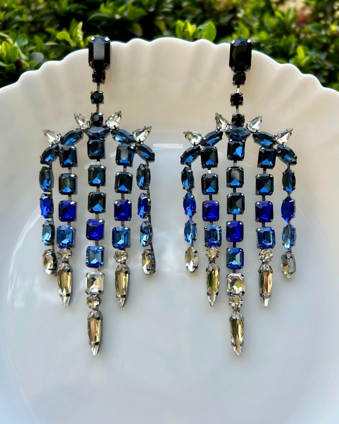 Blue Crystals Diamond Tassel Drop Earrings