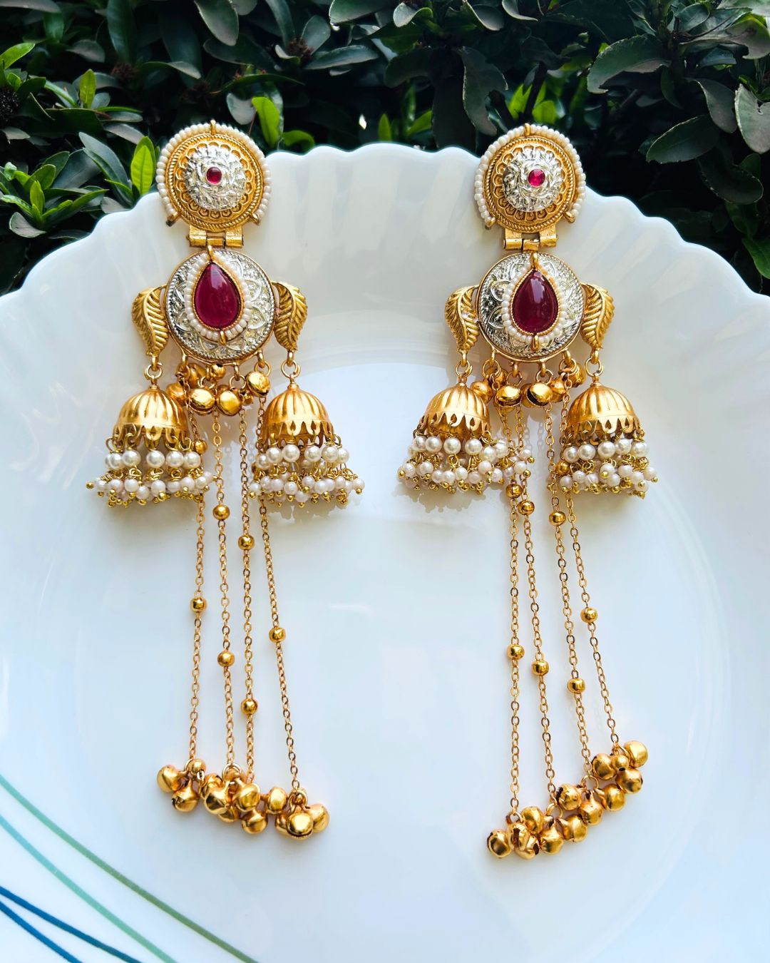 Sheen Ruby Stone Ghungroo Kashmiri Earrings