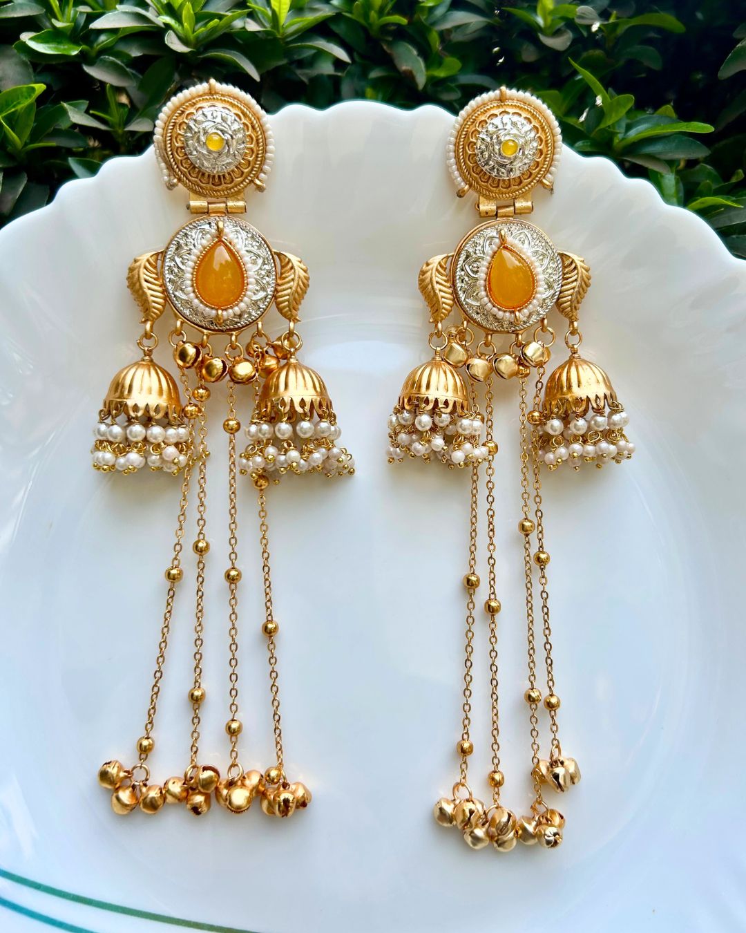 Sheen Yellow Stone Ghungroo Kashmiri Earrings