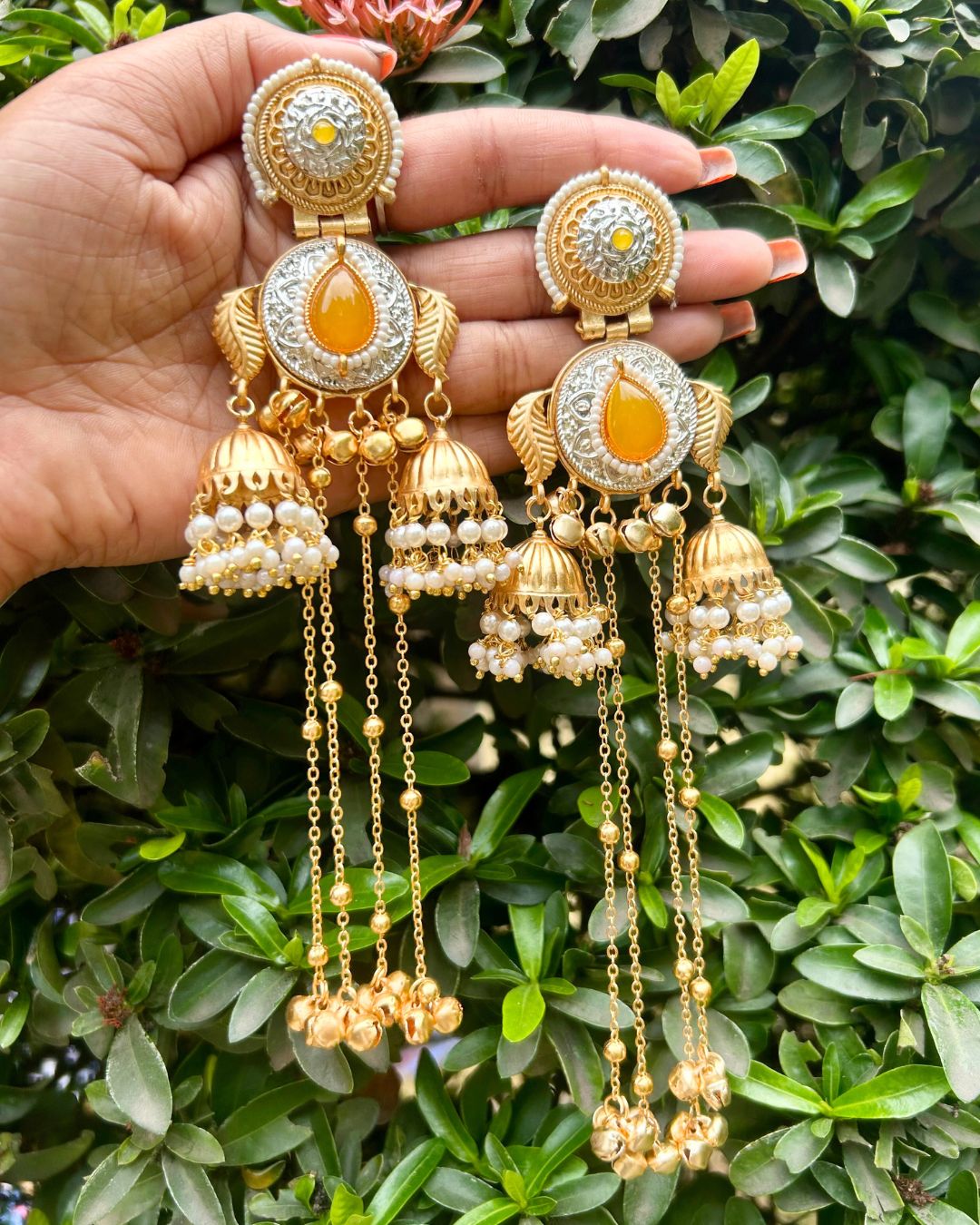 Sheen Yellow Stone Ghungroo Kashmiri Earrings