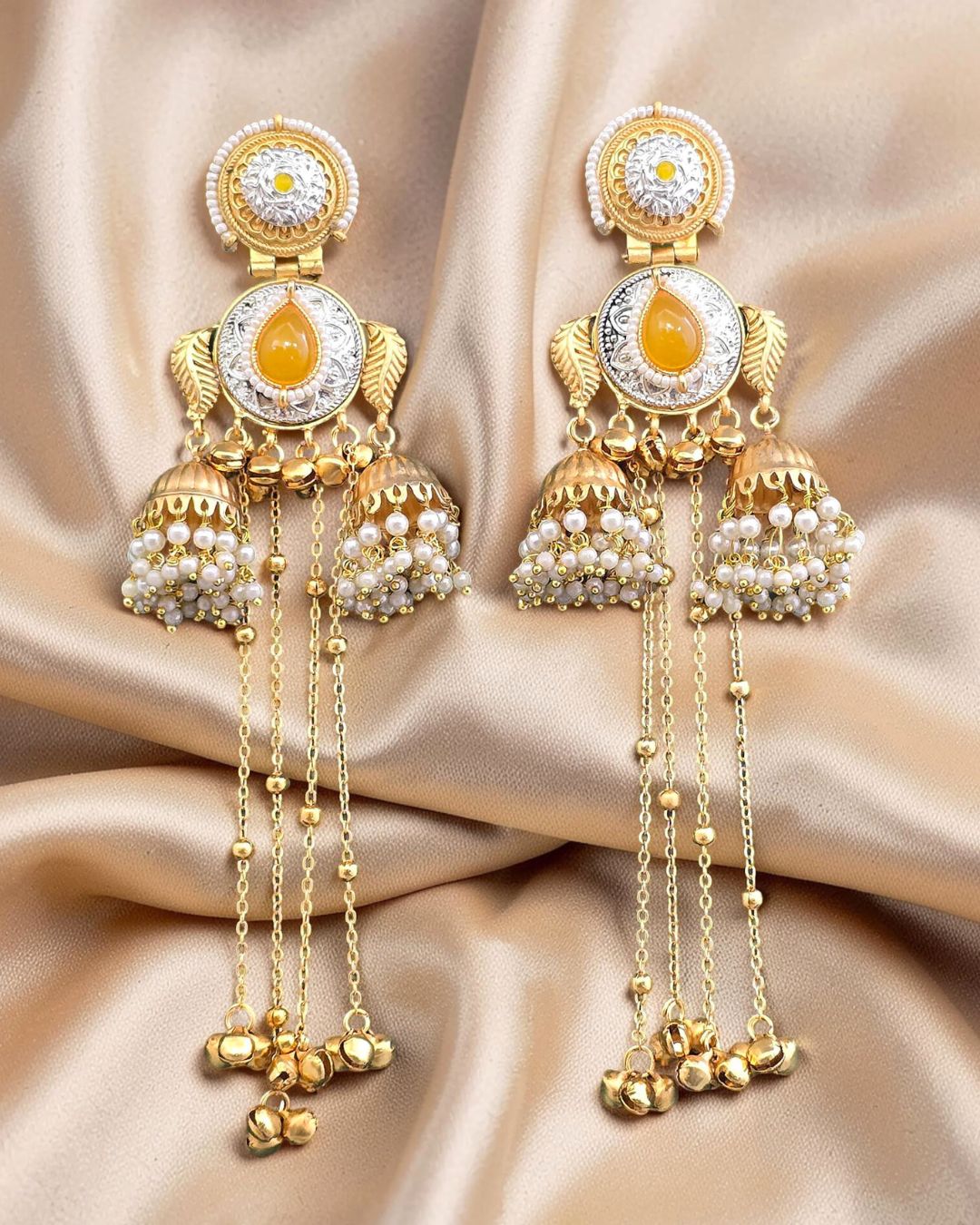 Sheen Yellow Stone Ghungroo Kashmiri Earrings
