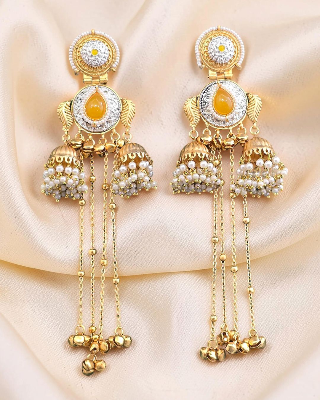 Sheen Yellow Stone Ghungroo Kashmiri Earrings