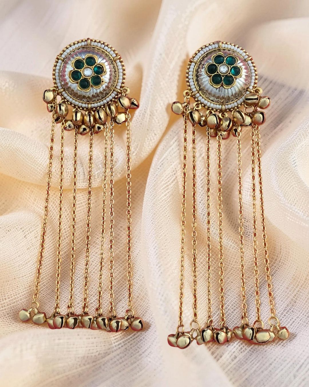 Zarika Green Flower Ghungroo Kashmiri Earrings
