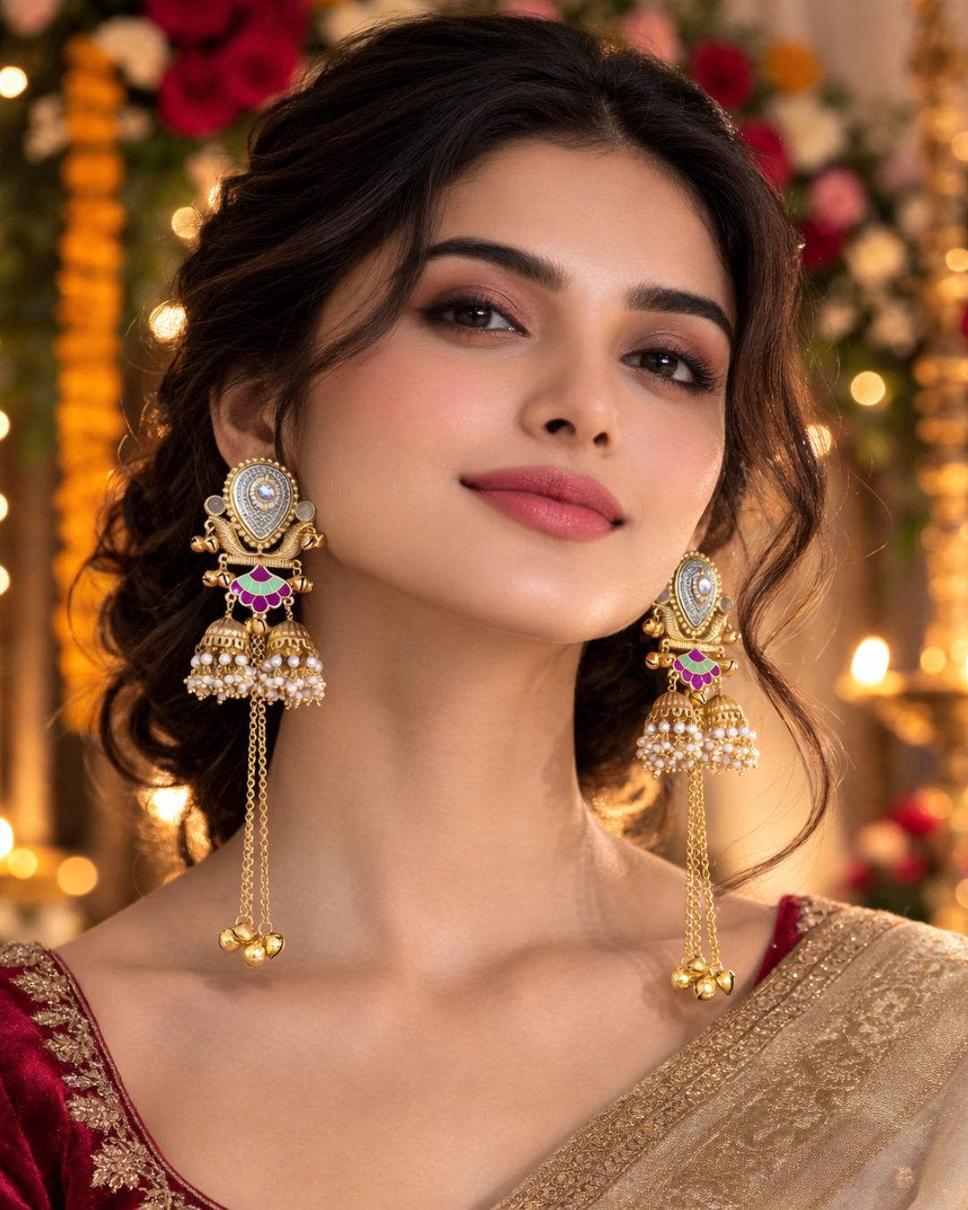 Rukhsar Green Stone Jhoomar Kashmiri Earrings