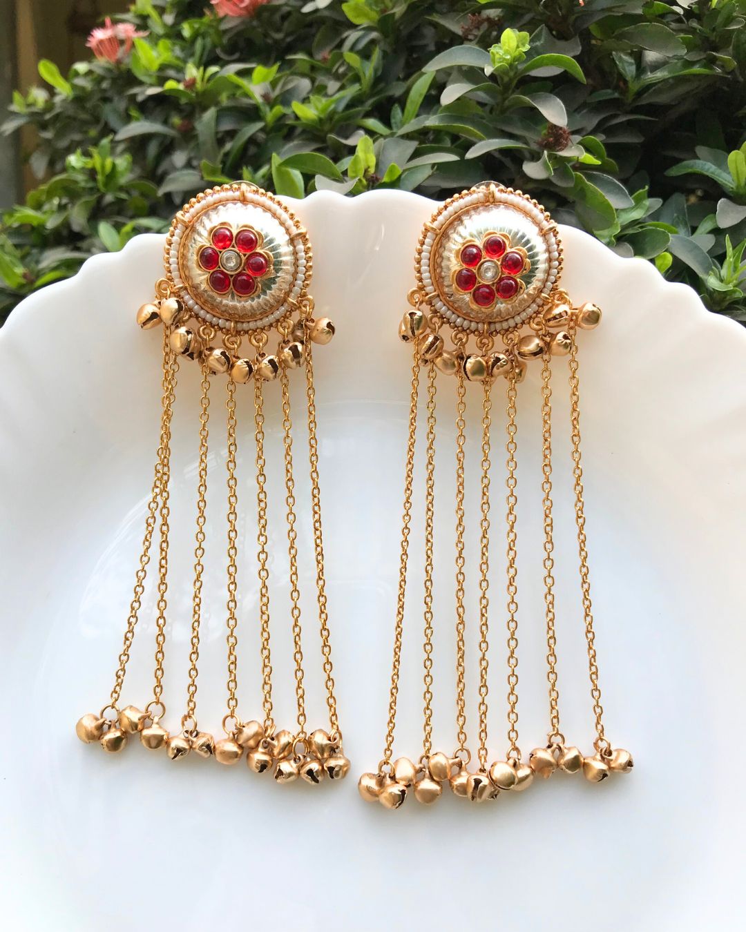 Zarika Red Flower Ghungroo Kashmiri Earrings