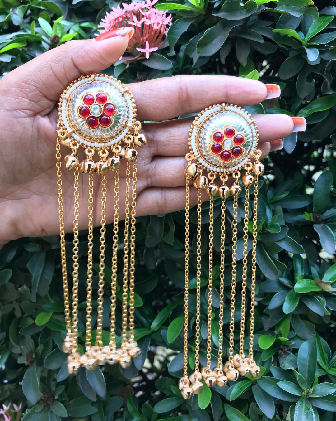 Zarika Red Flower Ghungroo Kashmiri Earrings