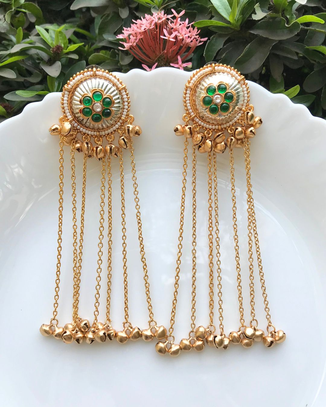 Zarika Green Flower Ghungroo Kashmiri Earrings