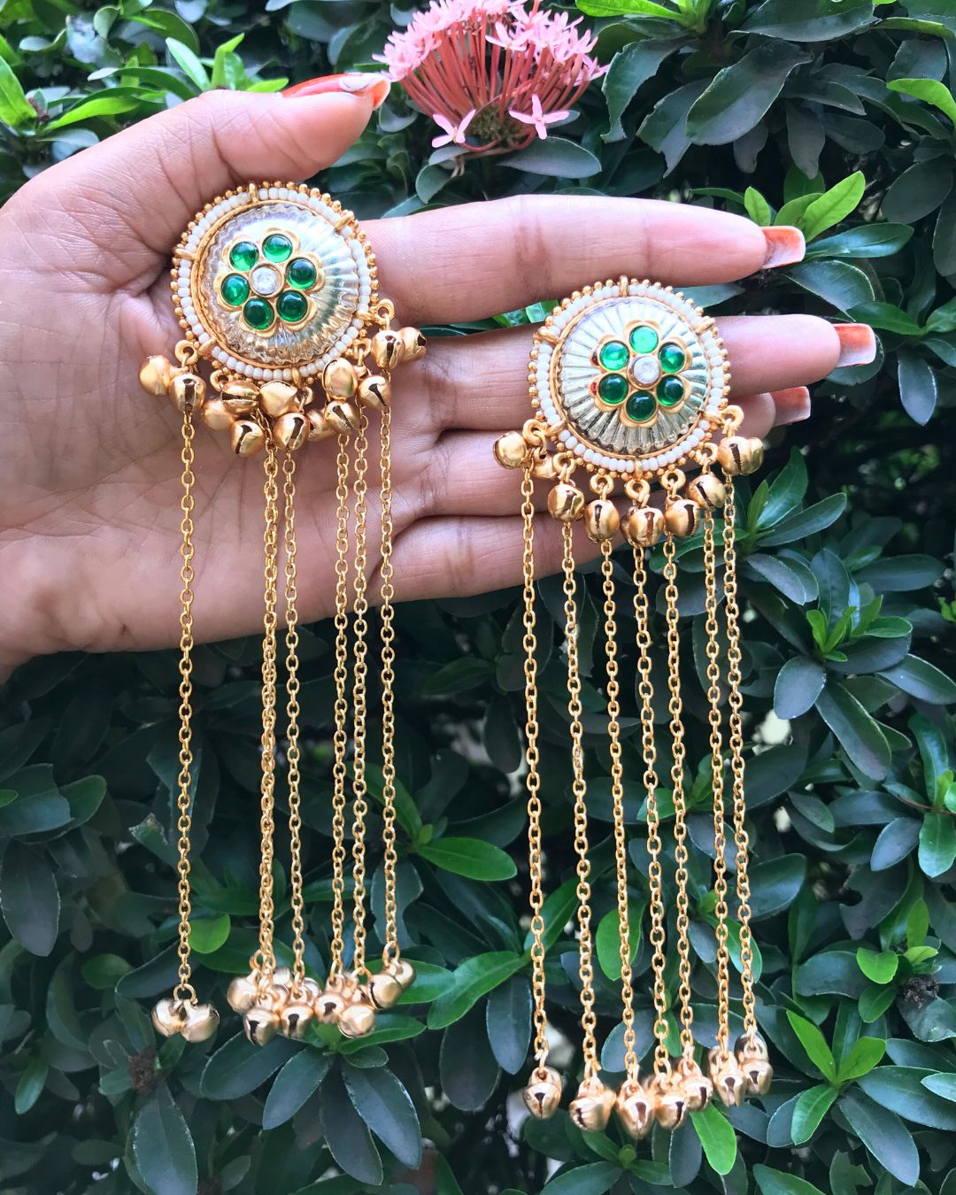 Zarika Green Flower Ghungroo Kashmiri Earrings