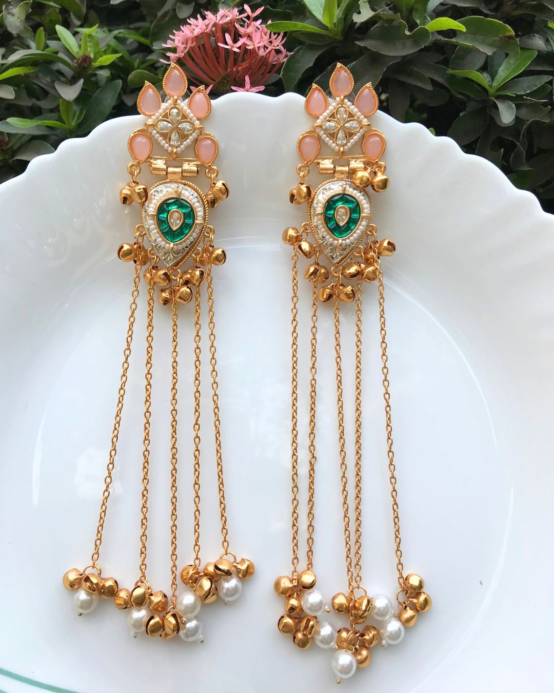 Rangrez Pink Pearl Ghungroo Kashmiri Earrings