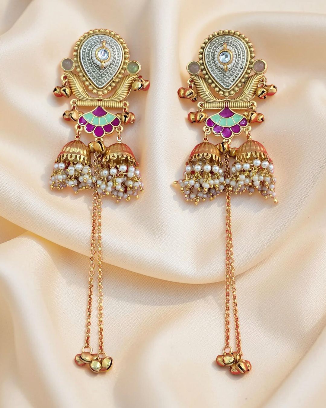 Rukhsar Green Stone Jhoomar Kashmiri Earrings