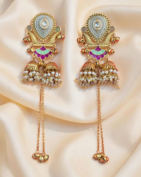 Rukhsar Green Stone Jhoomar Kashmiri Earrings