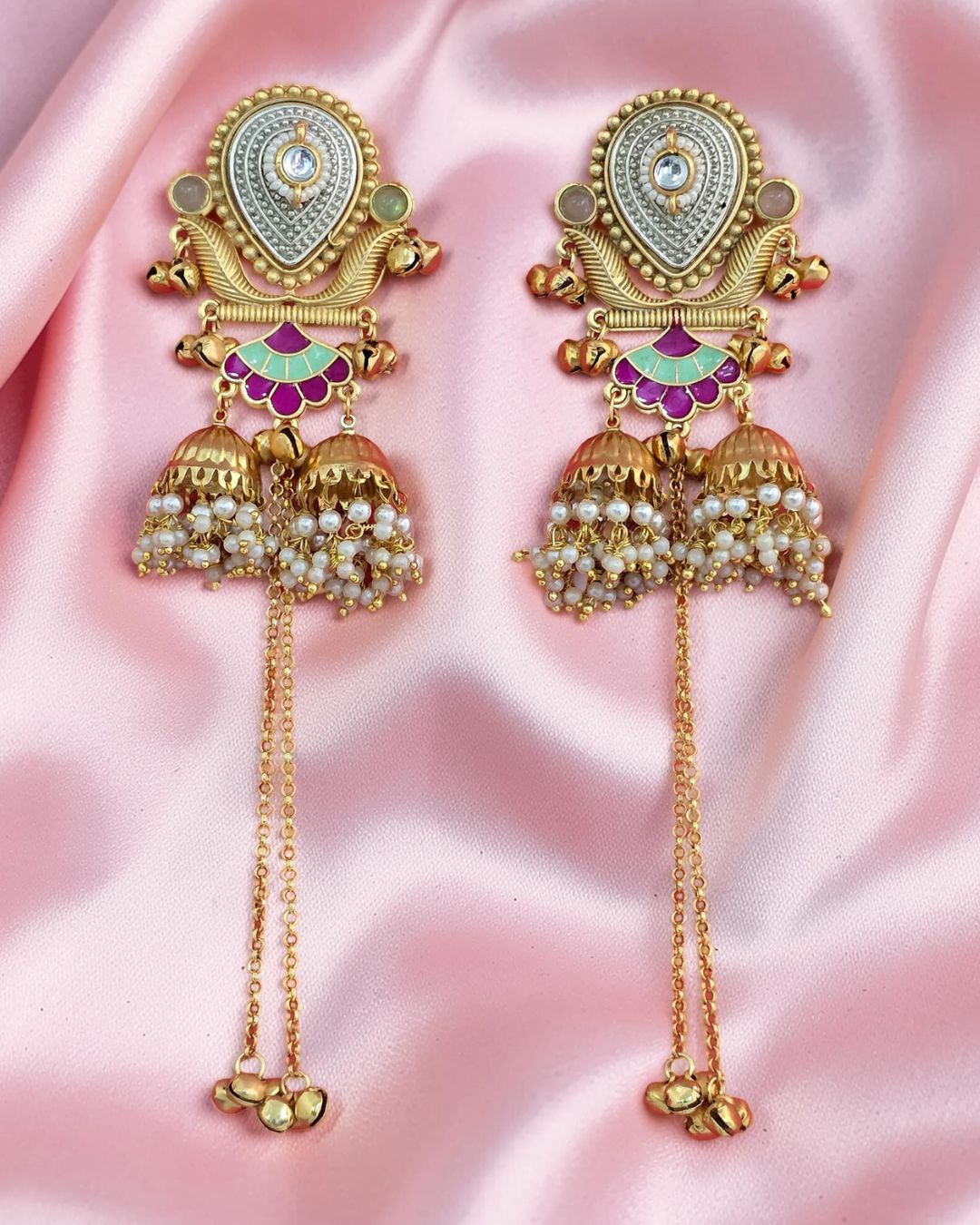 Rukhsar Green Stone Jhoomar Kashmiri Earrings