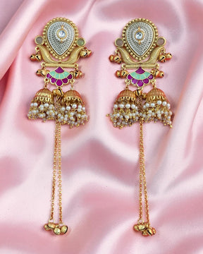 Rukhsar Green Stone Jhoomar Kashmiri Earrings