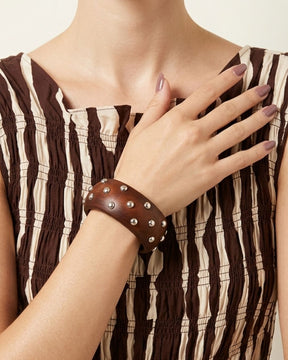 Brown Wooden Silver Metal Dot Charm Bracelet