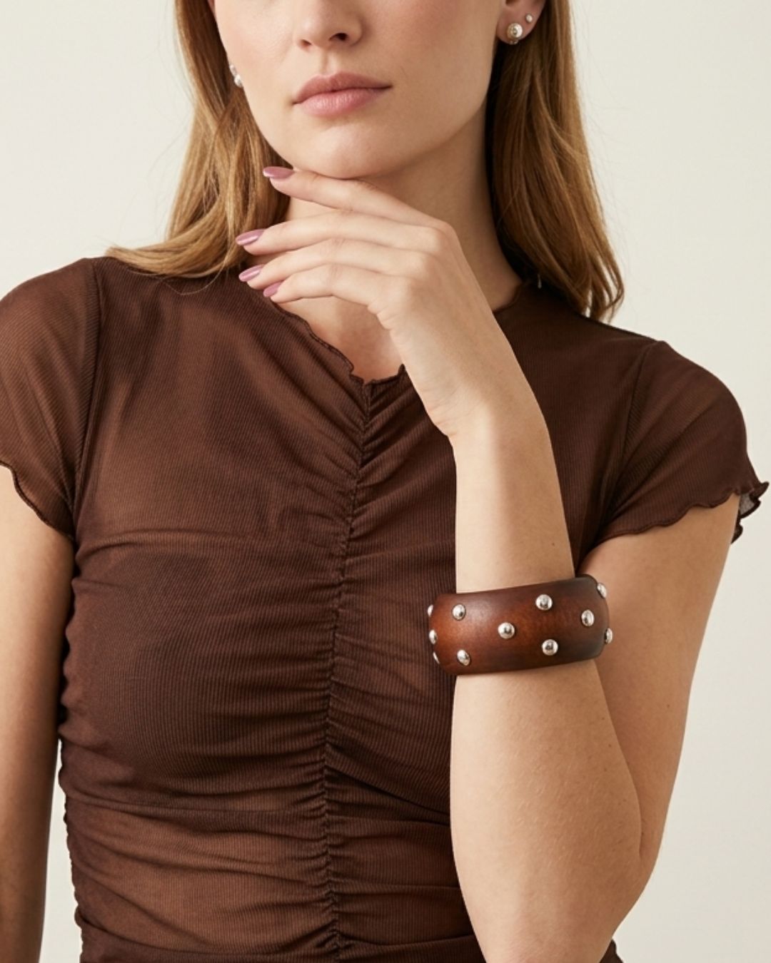 Brown Wooden Silver Metal Dot Charm Bracelet