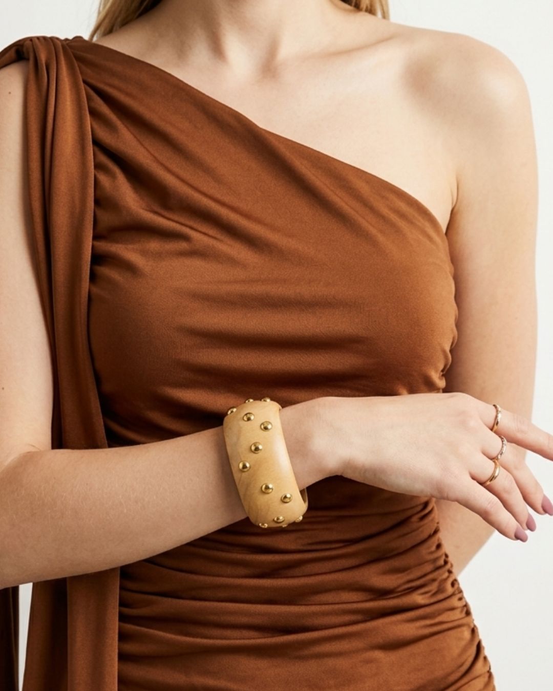 Ivory Wooden Golden Metal Dot Charm Bracelet