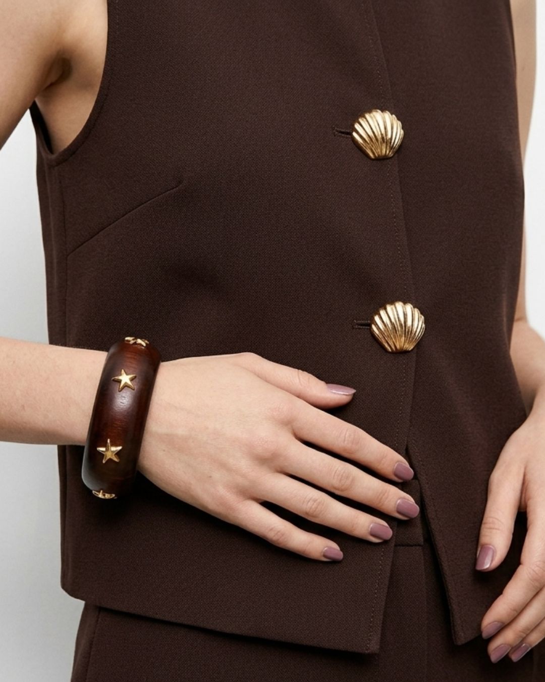 Brown Wooden Golden Star Charm Bracelet