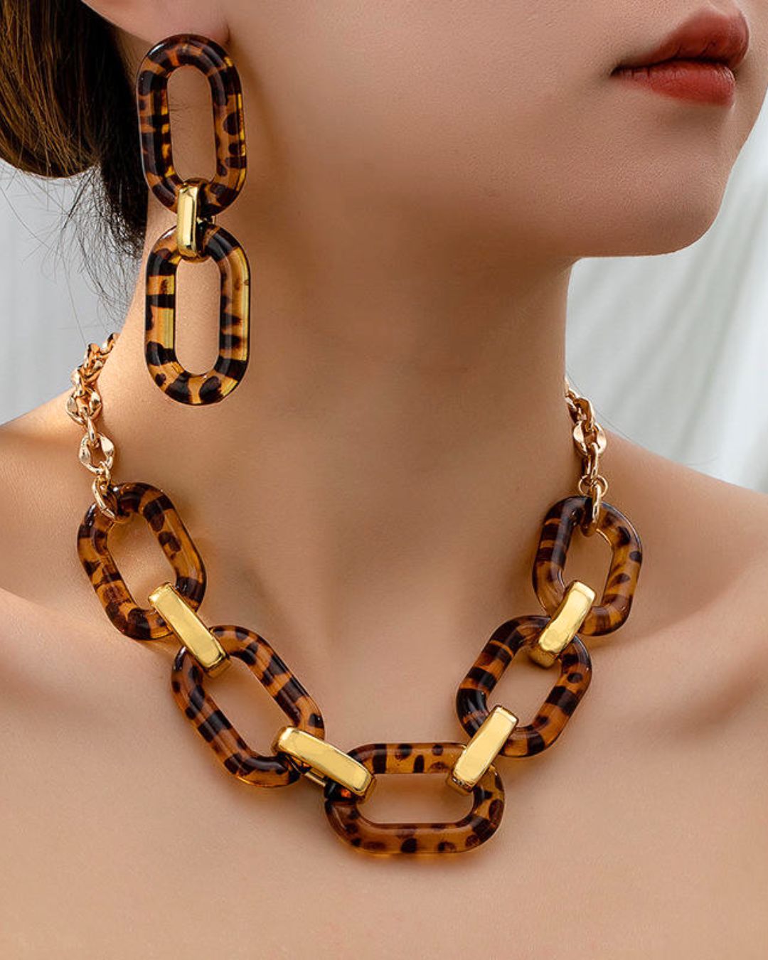Leopard Retro Resin Statement Necklace With Earrings