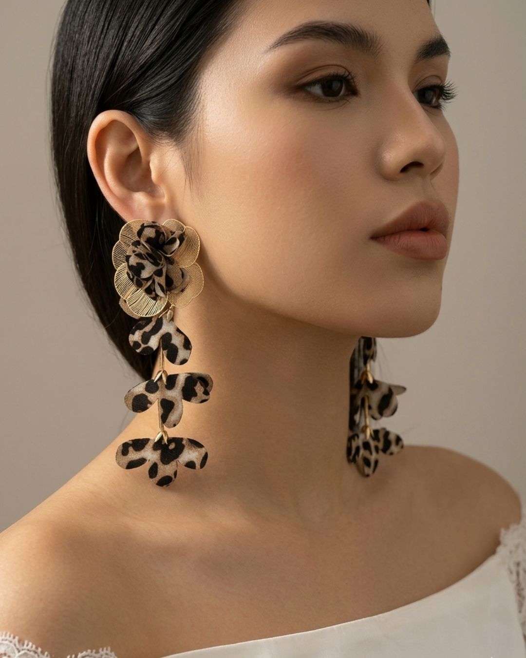 Animal Print Golden Flower Drop Earrings