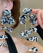Zebra Print Flower Petal Tassel Drop Earrings