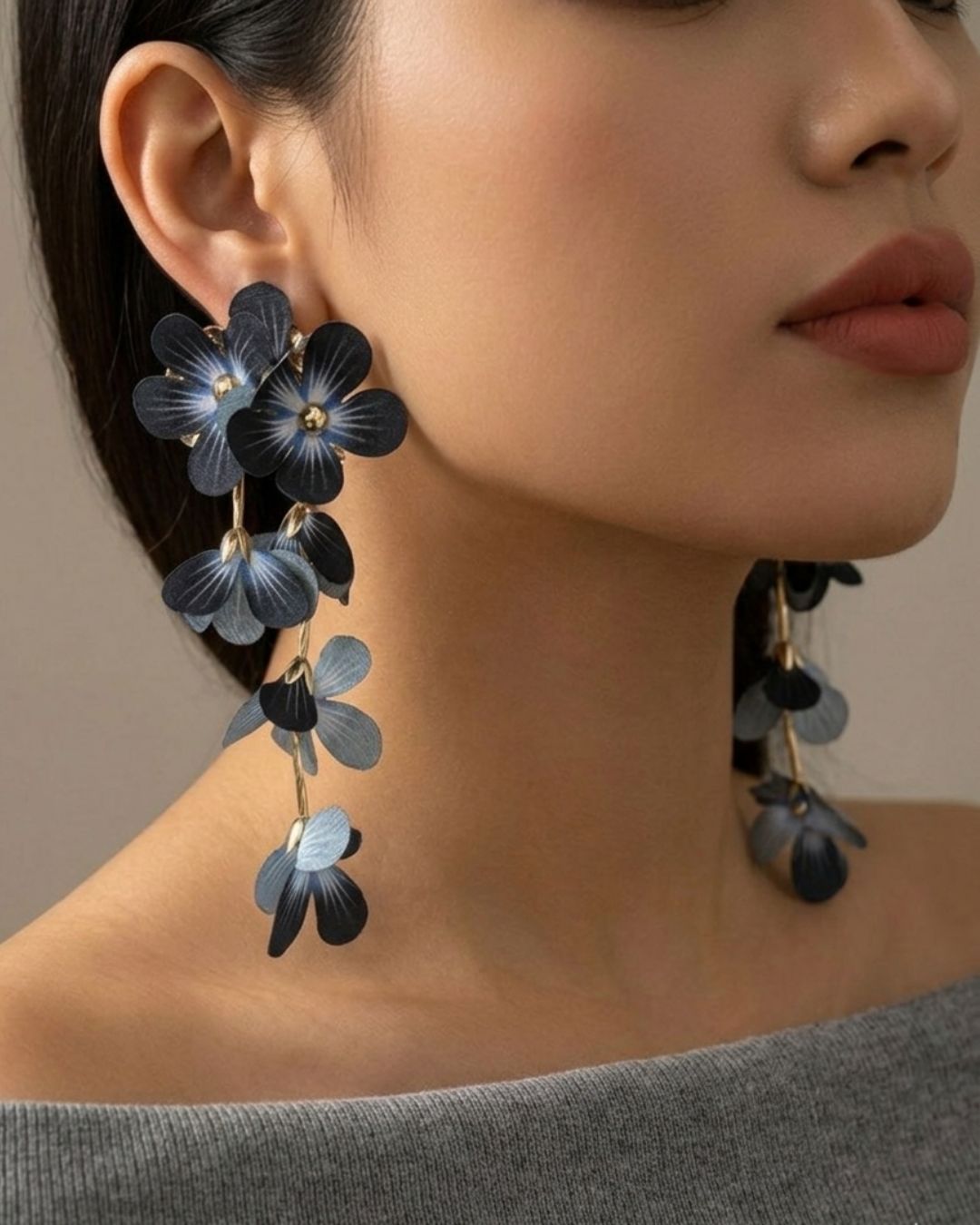 Feather-lite Black Flower Tassel Earrings