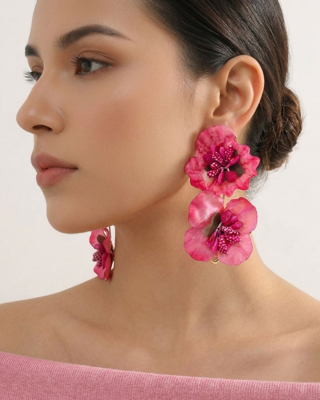 Feather-lite Pink Double layer Flower Earrings
