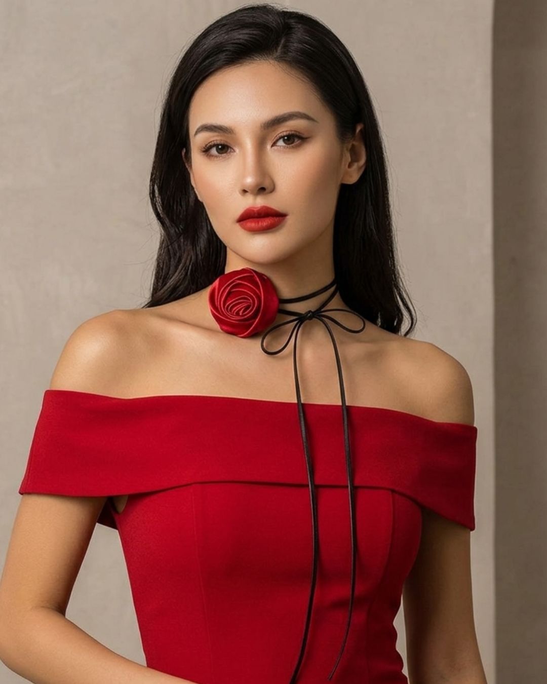Red Flower Long Knotted Rope Choker