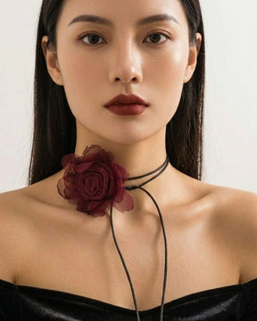 Fabric Maroon Flower Long Knotted Rope Choker