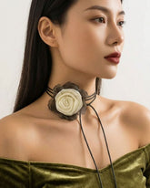 Fabric Off White Flower Long Knotted Rope Choker