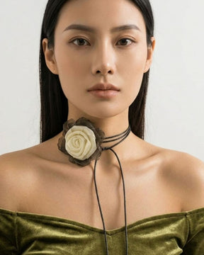 Fabric Off White Flower Long Knotted Rope Choker
