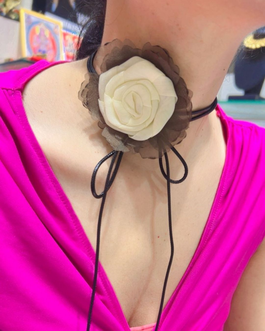 Fabric Off White Flower Long Knotted Rope Choker