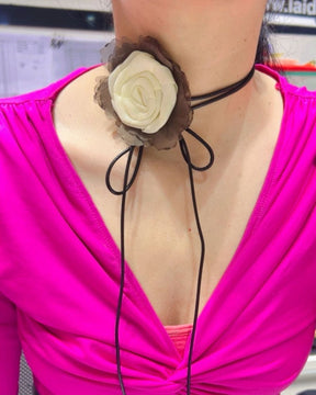 Fabric Off White Flower Long Knotted Rope Choker