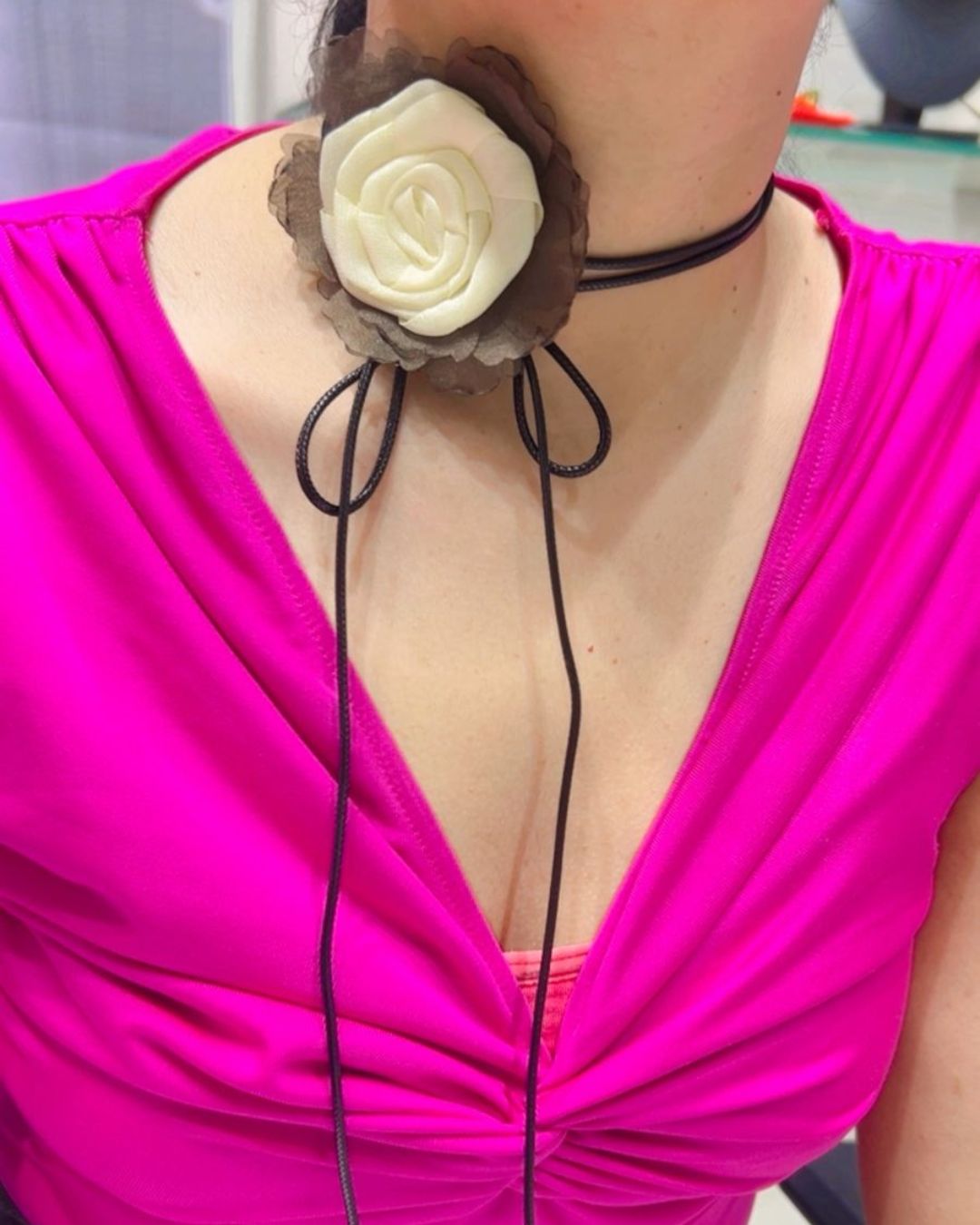 Fabric Off White Flower Long Knotted Rope Choker