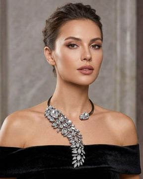 Rhodium Silver Crystal Drop Statement Necklace