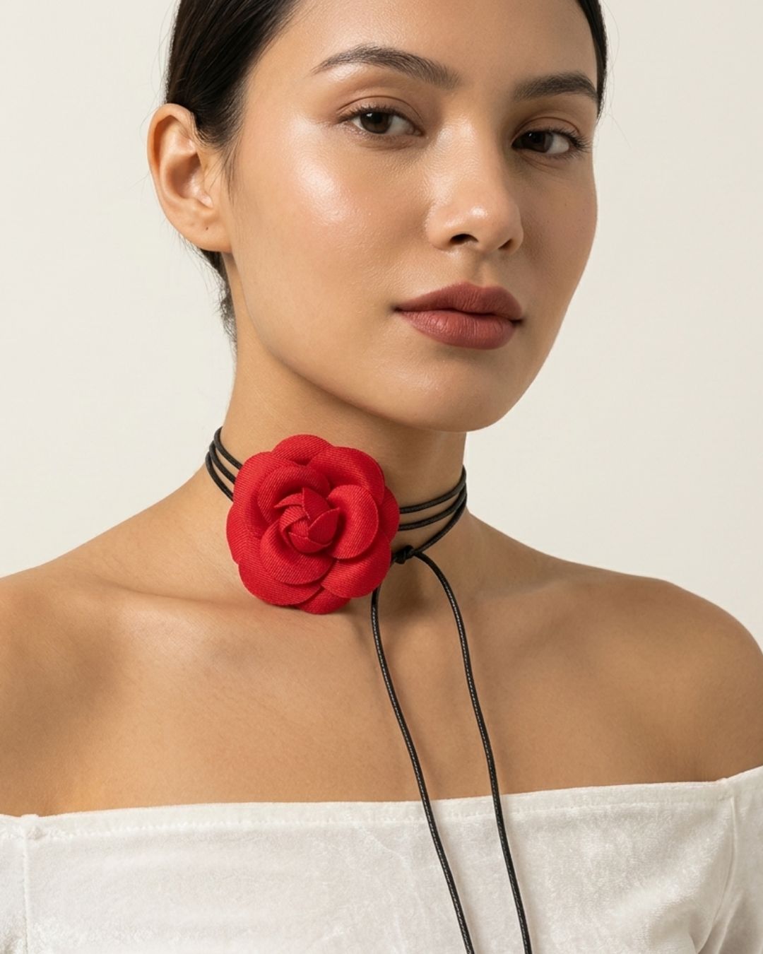 Fabric Red Flower Long Knotted Rope Choker