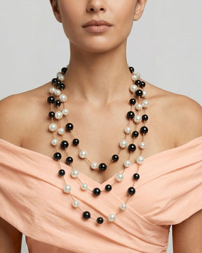 Pearl Black And White 3 Layered Chain Necklace