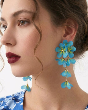 Feather-lite Blue Flower Tassel Earrings