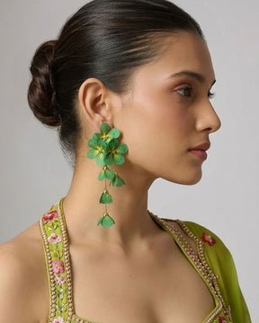 Feather-lite Green Flower Tassel Earrings
