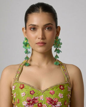 Feather-lite Green Flower Tassel Earrings