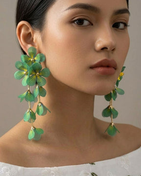 Feather-lite Green Flower Tassel Earrings