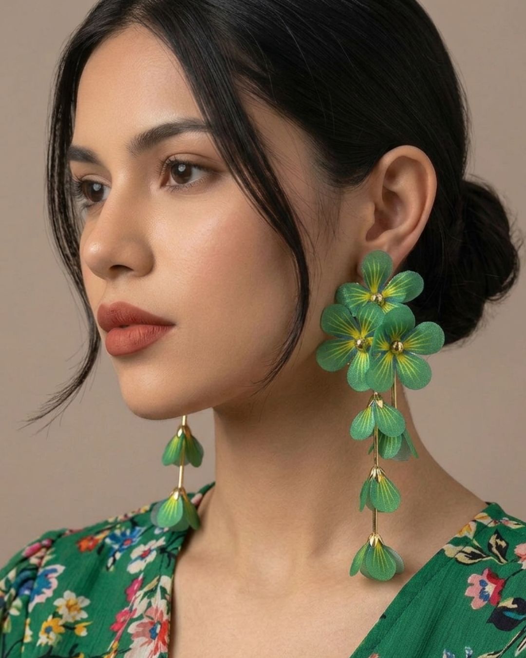 Feather-lite Green Flower Tassel Earrings