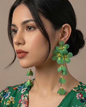 Feather-lite Green Flower Tassel Earrings