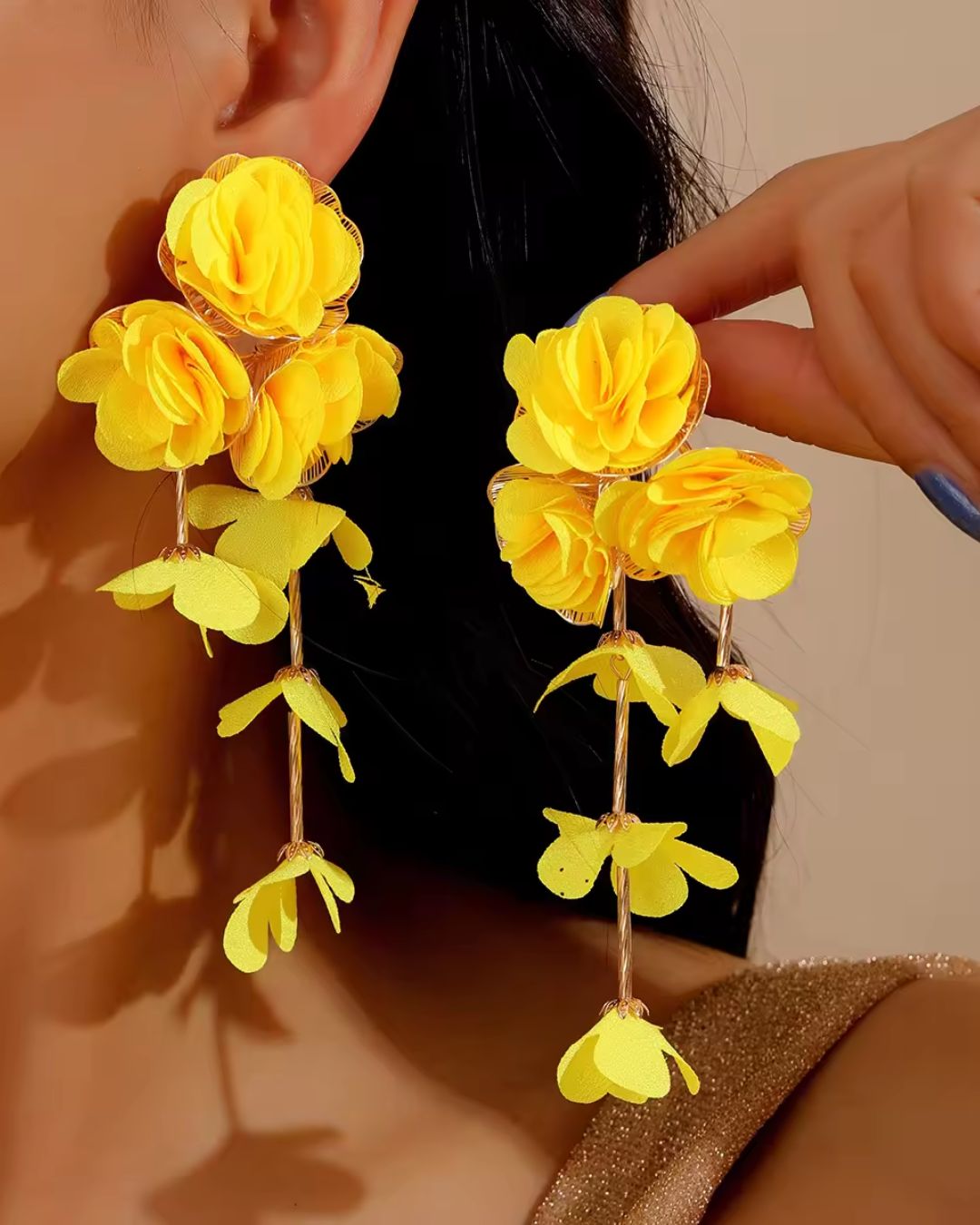 Yellow Flower Petal Tassel Drop Earrings