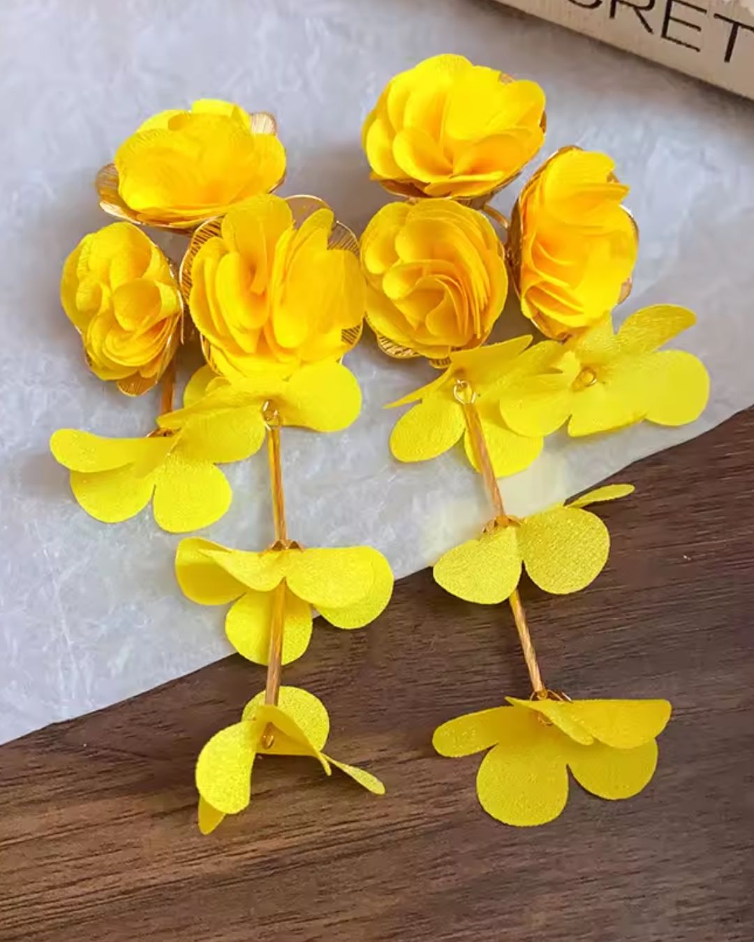 Yellow Flower Petal Tassel Drop Earrings