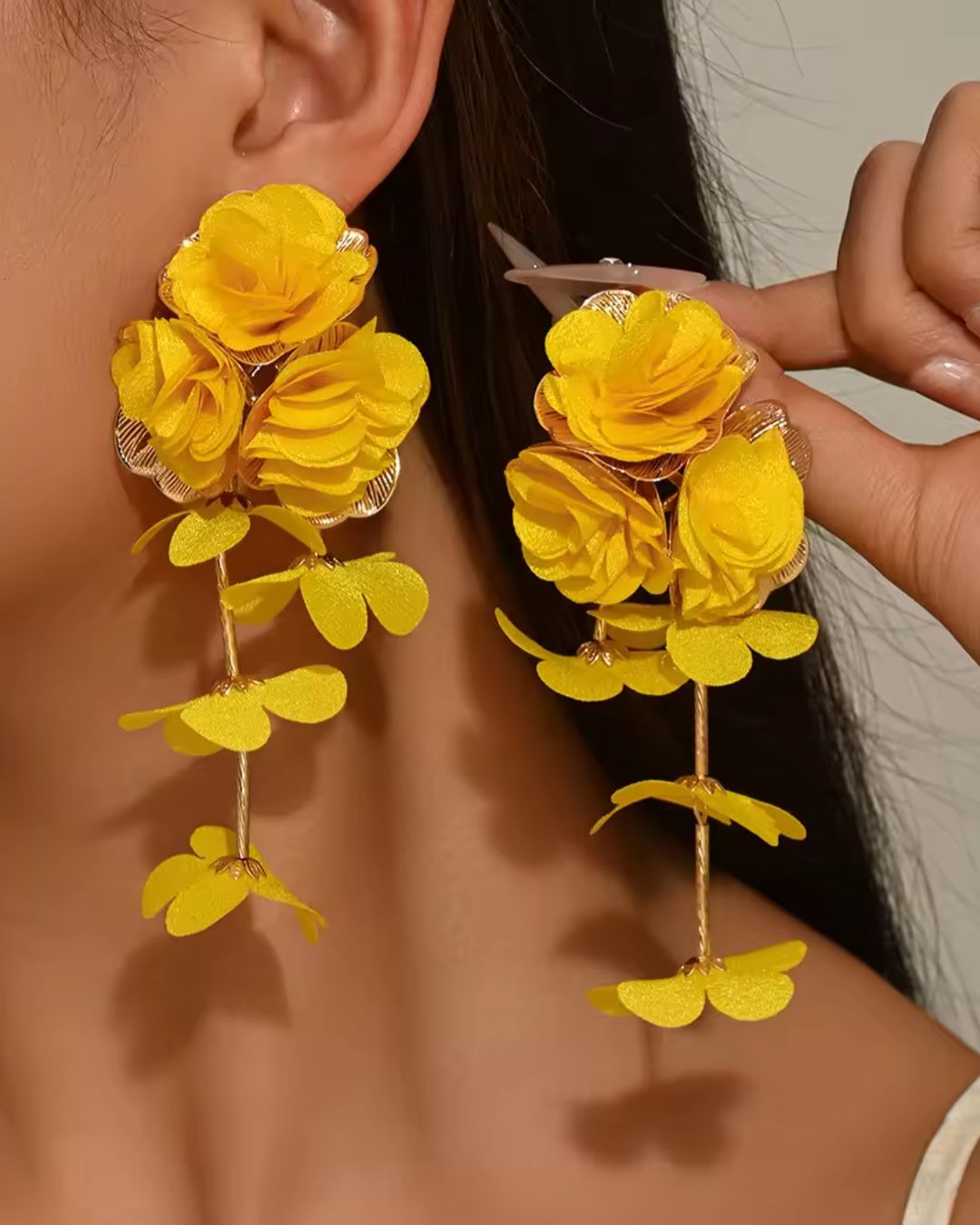 Yellow Flower Petal Tassel Drop Earrings
