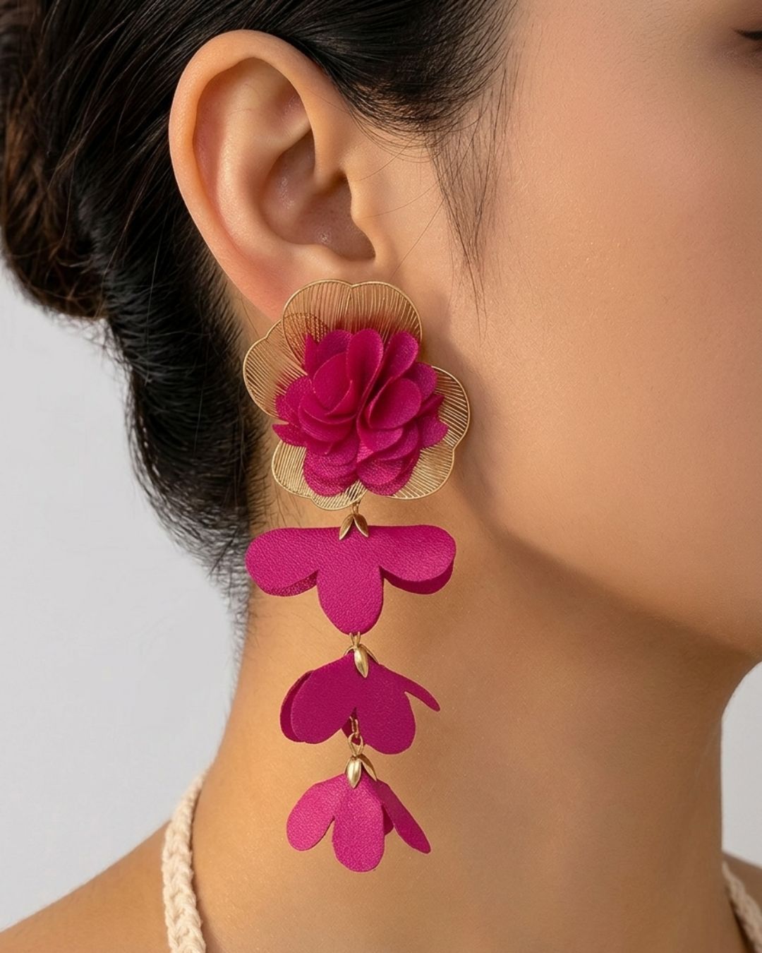 Pink Feather- lite Golden Flower Drop Earrings