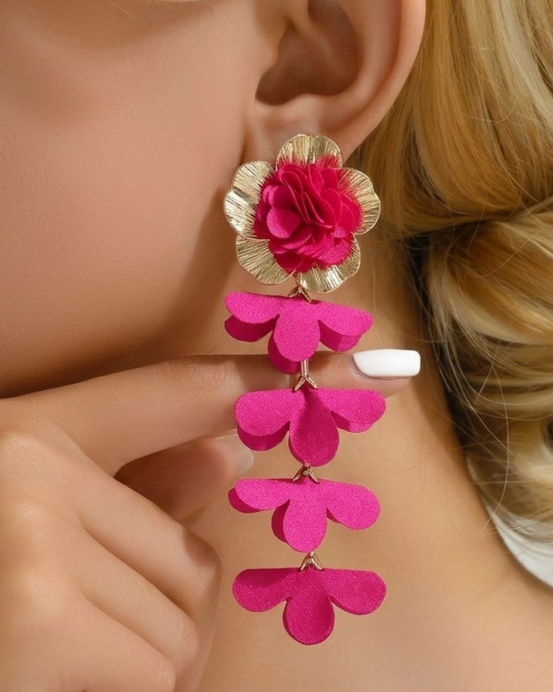 Pink Feather- lite Golden Flower Drop Earrings