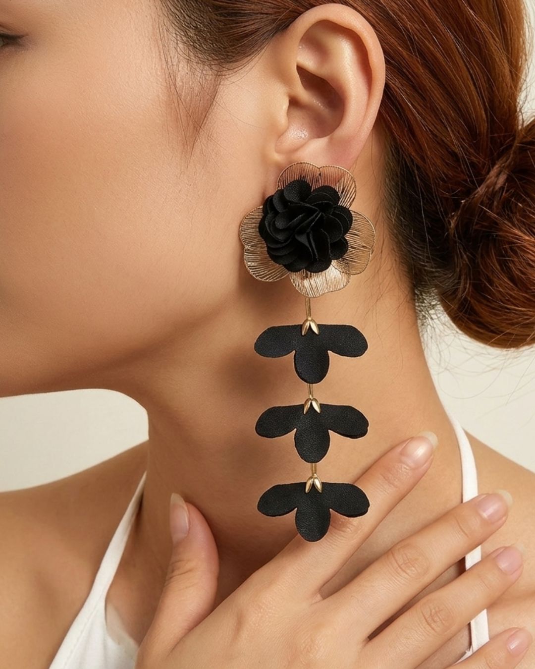 Black Feather- lite Golden Flower Drop Earrings
