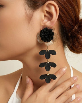 Black Feather- lite Golden Flower Drop Earrings