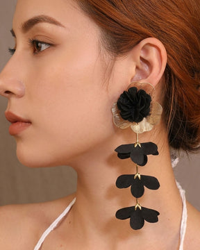 Black Feather- lite Golden Flower Drop Earrings